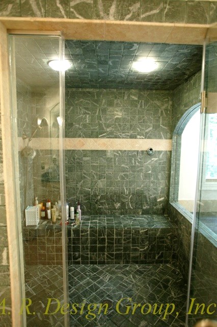 Green marble master bath shower